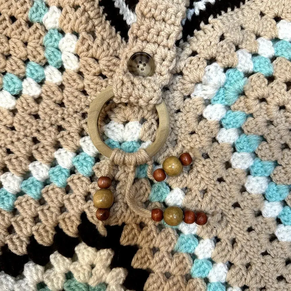 Hand Knit Crochet Granny Square Bag Beaded Accent Boho Retro Y2K Festival Tote